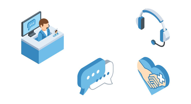 Isometric customer support, online assistance, and healthcare icons.