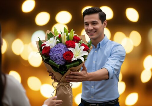 Man presenting flower bouquet to a woman, bokeh background, romantic gesture
