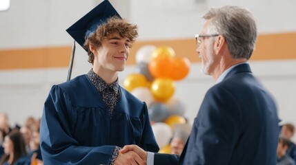 Graduate In Cap And Gown Shaking Hands With Faculty Member At Ceremony. Celebrating Academic Achievement And Success