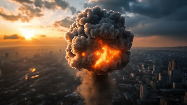 Nuclear Explosion over the City: The devastating image captures a towering mushroom cloud, representing a nuclear blast, engulfing the cityscape.