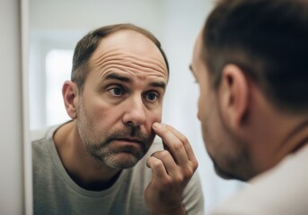 Middle-aged man intensely examining his reflection in a bathroom mirror, touching his face