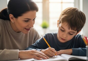 Mother helping young son with his homework, writing in a notebook
