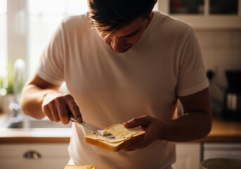 Man spreading butter on a slice of bread for a simple kitchen breakfast