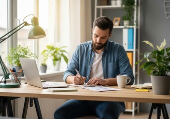 Obraz premium Bearded man writing notes at his bright home office desk by a sunny window