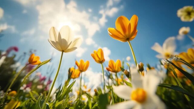 Floral Paradise: An enchanting landscape showcases a vibrant meadow adorned with a variety of colorful flowers, their petals reaching towards a sunlit sky filled with scattered clouds.