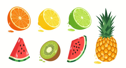 Fresh vibrant tropical fruit collection with juice drops on white