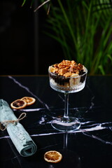 Close-up of a beautifully plated dessert with rich textures and vibrant colors, soft lighting, high-end food photography, gourmet sweets concept