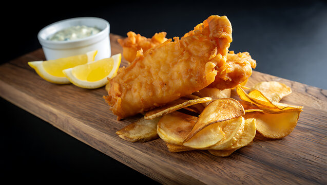 Crispy golden fish and chips served with lemon slices and creamy dipping sauce on wooden board in a delicious close up food presentation - Powered by Adobe