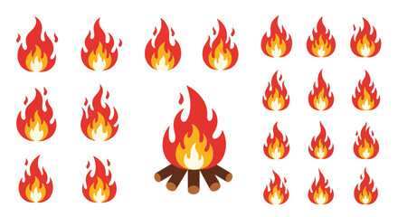 Collection of vibrant flat design fire flame icons and bonfire