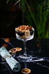 Close-up of a beautifully plated dessert with rich textures and vibrant colors, soft lighting, high-end food photography, gourmet sweets concept