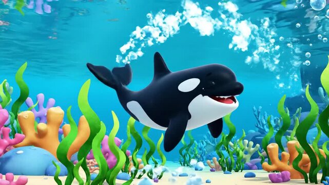 Cartoon orca swimming underwater in a bright colorful marine environment