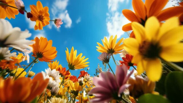 Skyward Bloom: A vibrant field of colorful flowers bursts with life under a brilliant blue sky, celebrating the essence of nature's beauty and the uplifting feeling of spring.