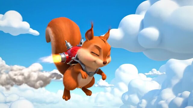 Cartoon squirrel flying with rocket propelled device in cloudy sky