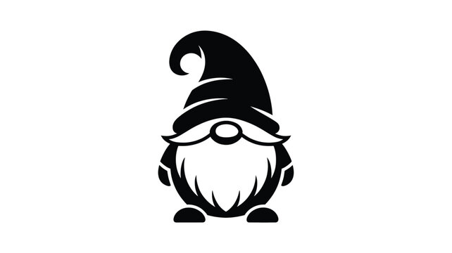 A classic black silhouette of a charming garden gnome with a pointed hat and long white beard standing upright against a white background silhouette