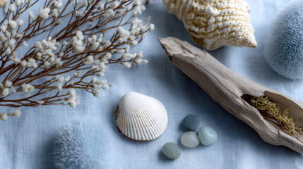 Coastal flatlay with seashells, driftwood, sea glass, and soft blue decorative elements creating calm and natural beach atmosphere