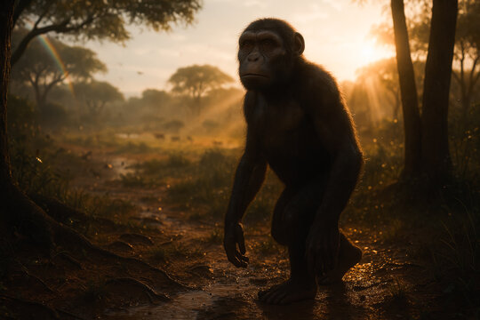prehistoric humans and early hominins, showing stages of human evolution, ancient ancestors, early tools, and paleoanthropology concepts in a natural prehistoric environment.