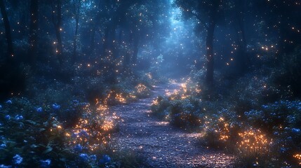 Dark forest path illuminated by fireflies and blue flowers at night trail nature photo