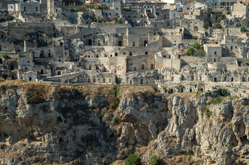 Panoramic view of ancient Sassi Caveoso of Matera from park Murgia Materana, Basilicata, southern Italy
