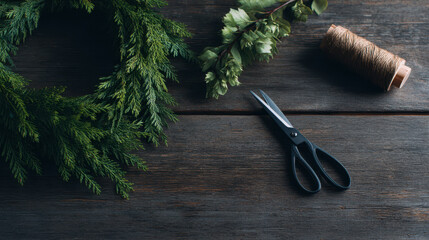 Holiday wreath crafting materials with green foliage, scissors, and twine on rustic wooden table creating cozy festive atmosphere