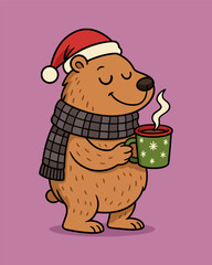 A funny cartoon illustration vector of a fat smiling bear character in a Christmas hat holding a gift for a child