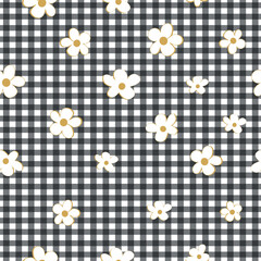 Black plaid pattern seamless fabric design pattern daisies