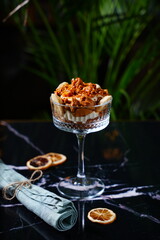 Close-up of a beautifully plated dessert with rich textures and vibrant colors, soft lighting, high-end food photography, gourmet sweets concept
