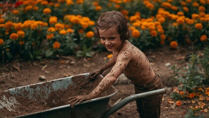 Child Joyfully Playing in the Garden While Pushing a Wheelbarrow Filled With Dirt Surrounded by Flowers