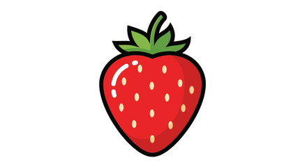 Bright red cartoon strawberry with green stem and white seeds