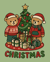 Cute cartoon vector illustration set of Santa Claus with gifts, a Christmas tree, and a snowman for a holiday card