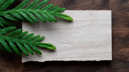 Blank torn paper on wooden surface with green pine branches creating natural rustic holiday flatlay with warm and cozy atmosphere