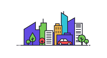Obraz premium Vibrant city buildings, green trees, and a red car in urban scene