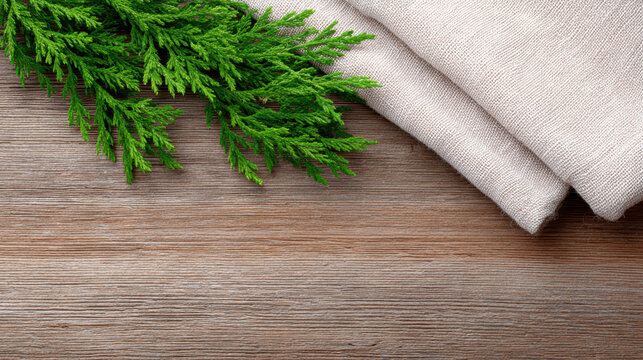 Natural green pine branch with beige linen fabric on rustic wooden surface creating cozy holiday atmosphere