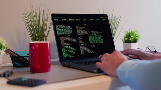 Middle Aged Male Red Team Cybersecurity Researcher Conducting Offsite Remote Corporate Penetration Test of Network Security - White Hat Hacker Concept