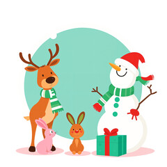 Cute cartoon character illustration for winter holiday season happy new year celebration greeting card poster banner design cheerful reindeer snowman bunnies gift box snow circle frame