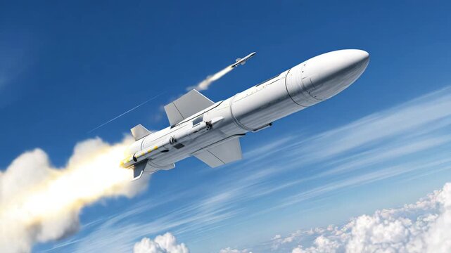 Military missile launched into a blue sky with trails of smoke during a demonstration in a testing area