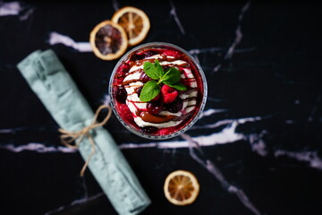Close-up of a beautifully plated dessert with rich textures and vibrant colors, soft lighting, high-end food photography, gourmet sweets concept © Stock of Turkey