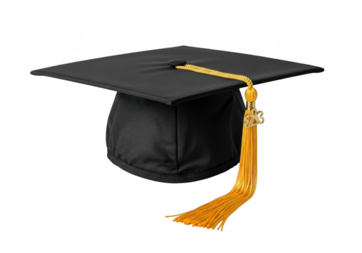 A black academic mortarboard cap with a golden tassel signifying achievement and graduation isolated on transparent background