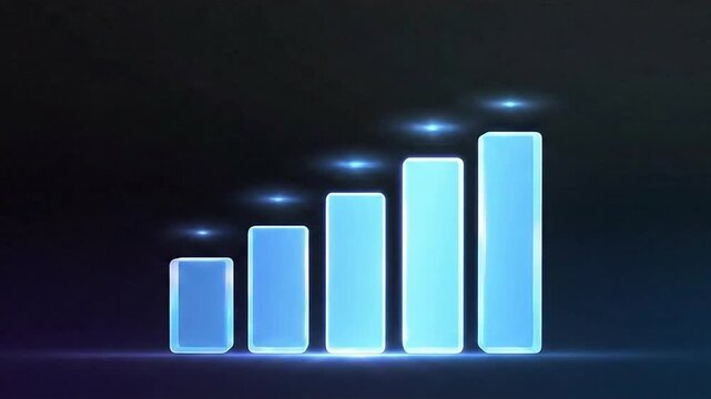 A glowing bar graph made of translucent blue blocks on a dark background showing data visualization