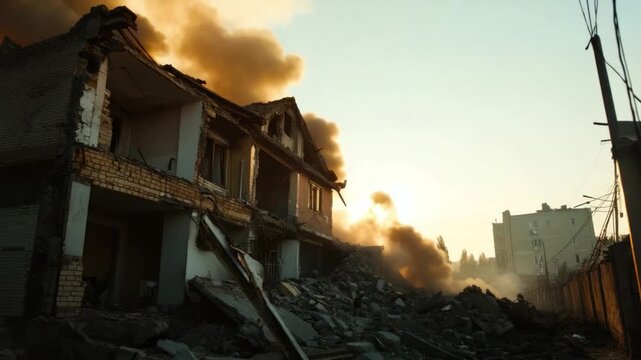 House Destruction: A poignant image of a house damaged by conflict, with billowing smoke obscuring the sky, conveying a sense of loss and devastation.
