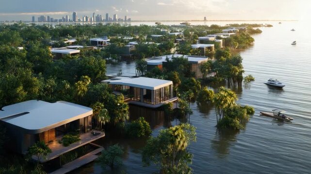 Eco-Luxury Living: Modern houses stand gracefully amidst a serene landscape, blending seamlessly with nature, creating an idyllic escape for those seeking sustainable elegance and tranquility.