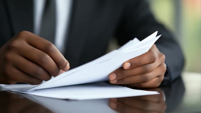 Examining the Documents: A person in a formal suit meticulously examines a stack of papers, delving into the details.