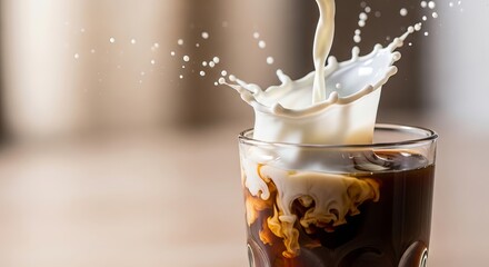 Cream splashing into a glass of iced coffee creating a dynamic liquid splash and swirl
