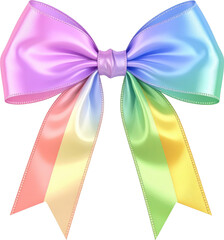 Shiny satin ribbon bow in pastel rainbow colors with gradient texture and long decorative tails
