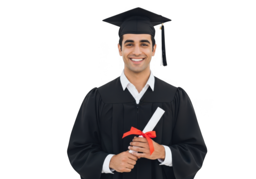 Joyful graduate wearing academic cap and gown holding diploma with red ribbon isolated on transparent background