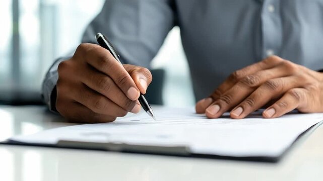 Signing the contract: Focused hands meticulously ink a pen onto a pristine document, symbolizing the commitment to a binding agreement within a business context.