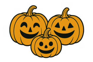 Three happy cartoon jack-o’-lantern pumpkins smiling for halloween, ready for celebration on transparent background