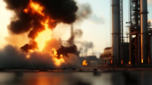 Industrial Inferno: A powerful explosion erupts within a sprawling industrial complex, sending flames and debris skyward amidst towering structures and plumes of smoke.