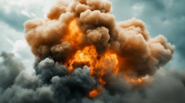 Explosive Energy: Witness the raw power of a colossal explosion against a backdrop of turbulent, foreboding clouds, painting a scene of intense energy and chaos.