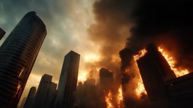 Burning City: The image captures a city consumed by fire, with flames billowing against a dark, ominous sky, representing a scene of devastation and urban destruction.