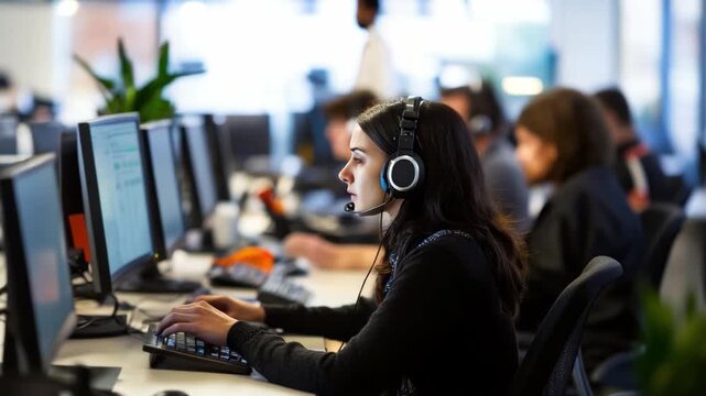 Efficient Office: A dynamic office setting showcases individuals engaged in their roles, highlighting the seamless operation of modern customer service, enhancing customer support.